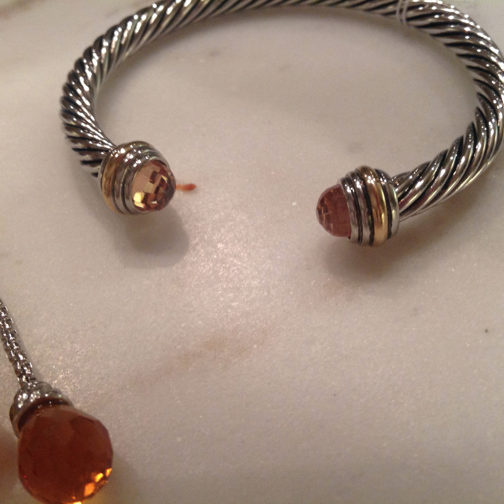 Simple Stylish Two Tone Cable Cuff With Topaz - Picture 2 of 4